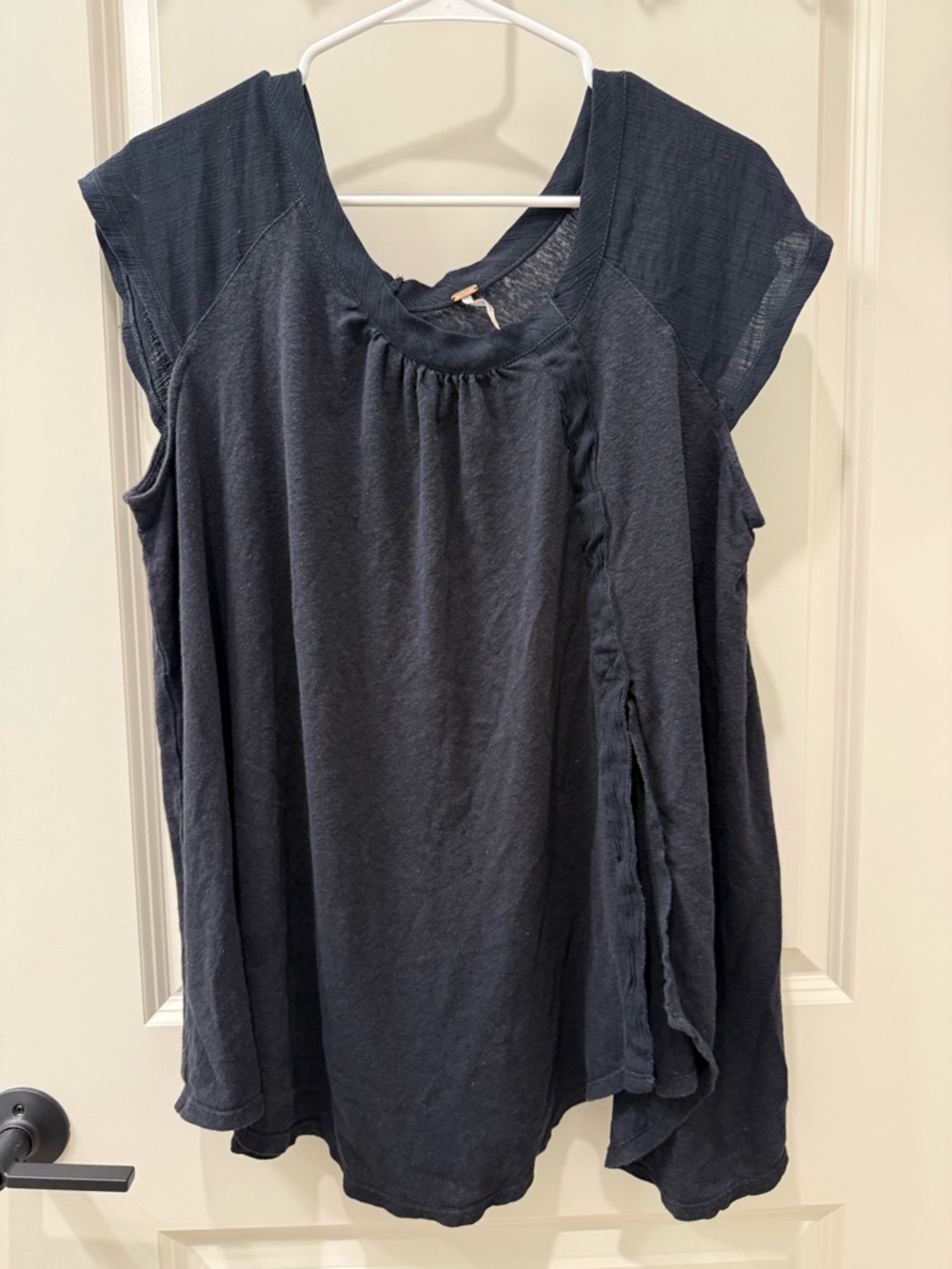 Free People Linen Blend Black Asymmetrical High Low Ruffle Slit Top Size L